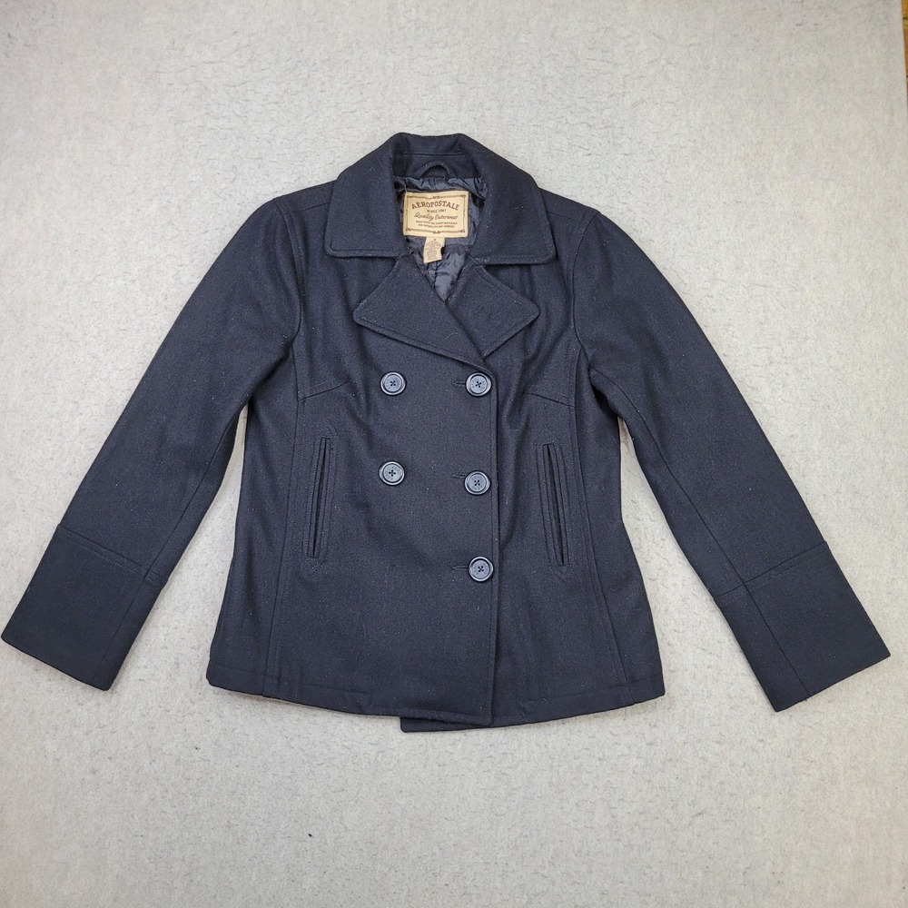Aeropostale Pea Coat Ladies‎ Medium Black Button Wool Blend Outdoors Womens